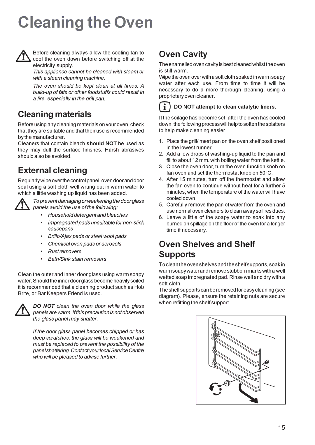 Zanussi ZBS 663 Cleaning the Oven, Cleaning materials, External cleaning, Oven Cavity, Oven Shelves and Shelf Supports 