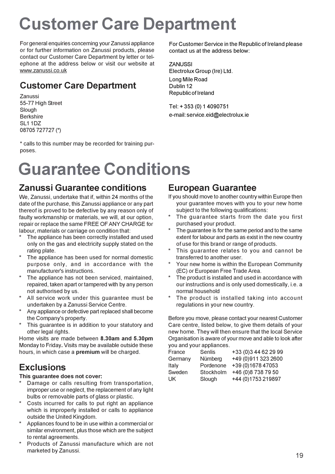 Zanussi ZBS 663 manual Customer Care Department, Guarantee Conditions 