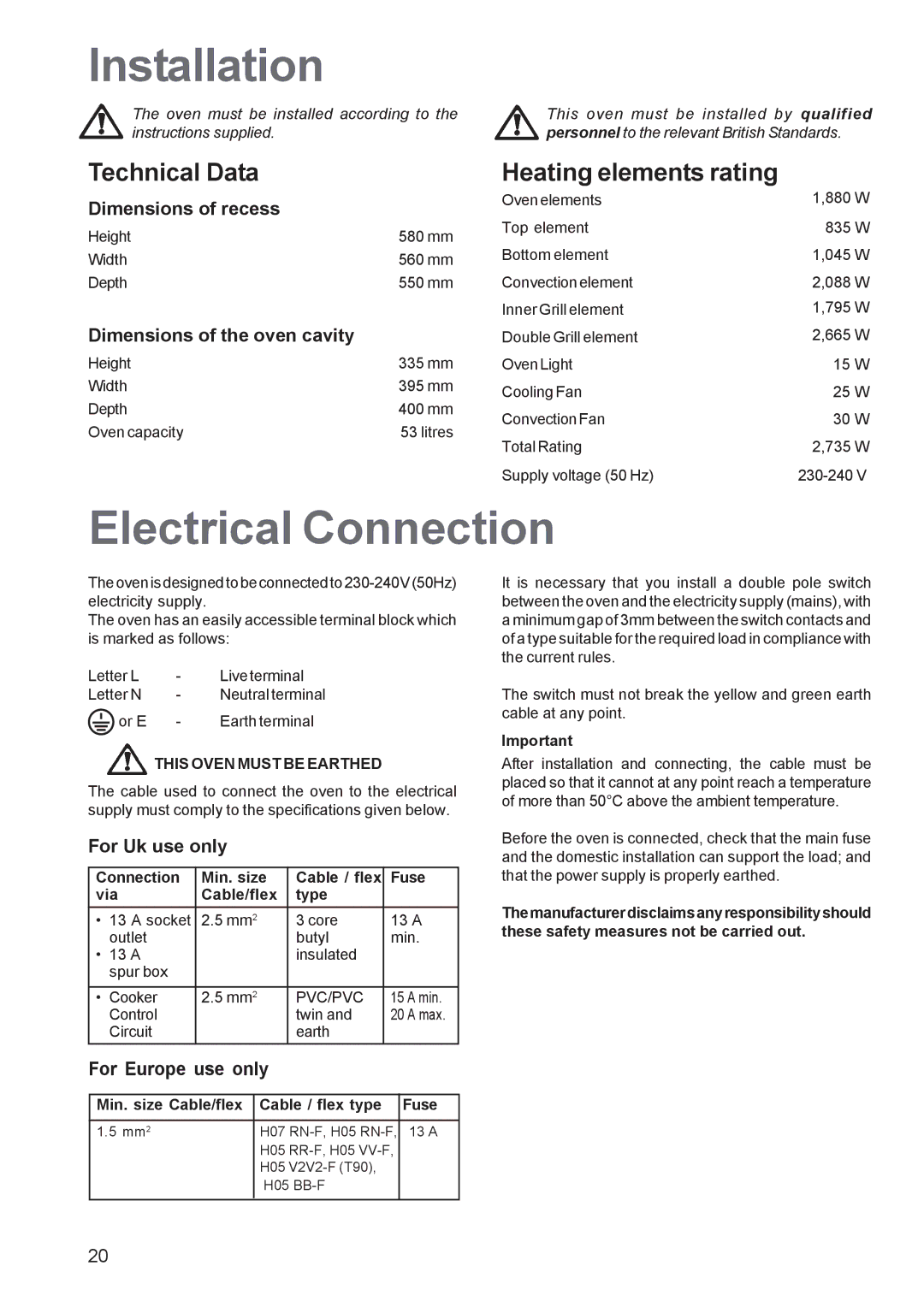 Zanussi ZBS 663 Installation, Electrical Connection, Technical Data Heating elements rating, This Oven Must be Earthed 