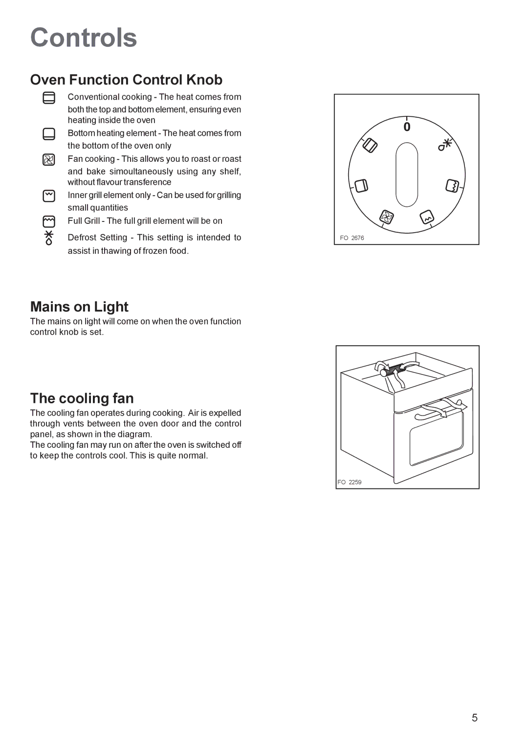 Zanussi ZBS 663 manual Controls, Oven Function Control Knob, Mains on Light, Cooling fan 