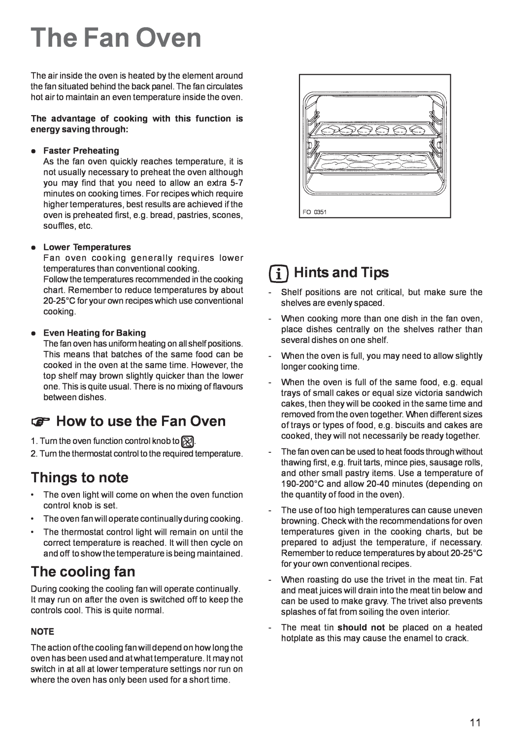 Zanussi ZBS 663 manual The Fan Oven, How to use the Fan Oven, Things to note, The cooling fan, Hints and Tips 