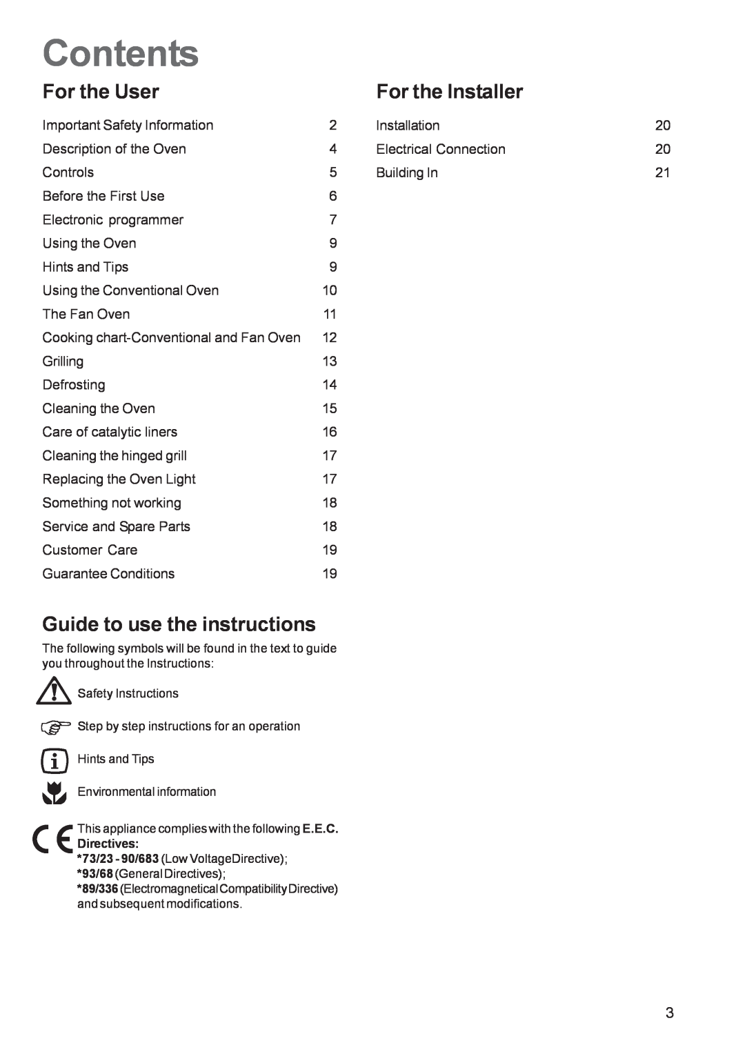Zanussi ZBS 663 manual Contents, For the User, For the Installer, Guide to use the instructions 