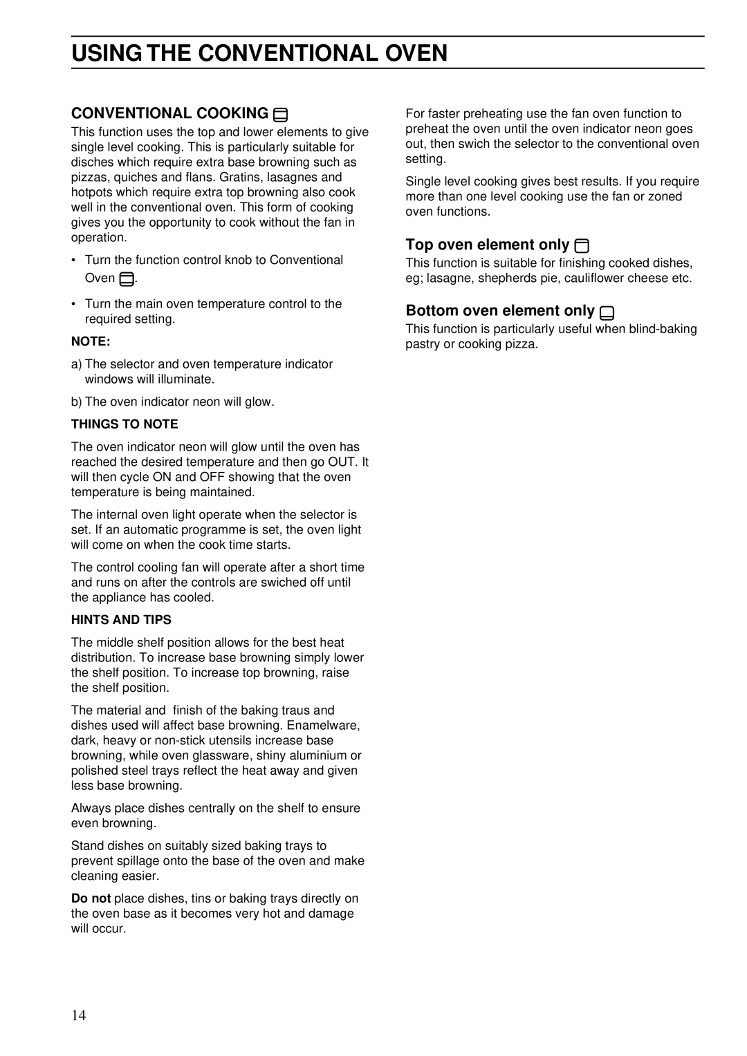 Zanussi ZBS 701 Using the Conventional Oven, Conventional Cooking, Top oven element only, Bottom oven element only 