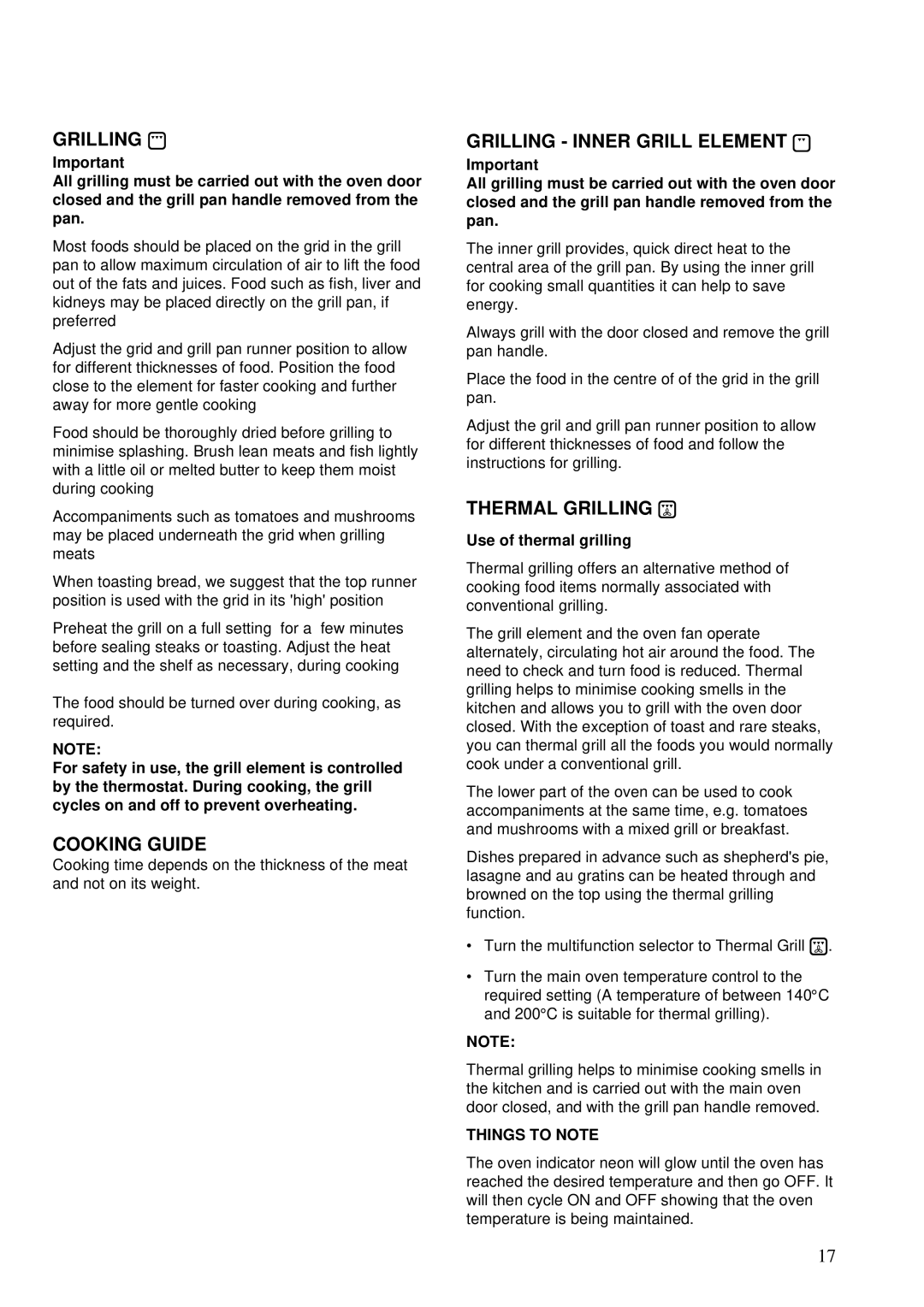 Zanussi ZBS 701 Cooking Guide, Grilling Inner Grill Element, Thermal Grilling, Use of thermal grilling 
