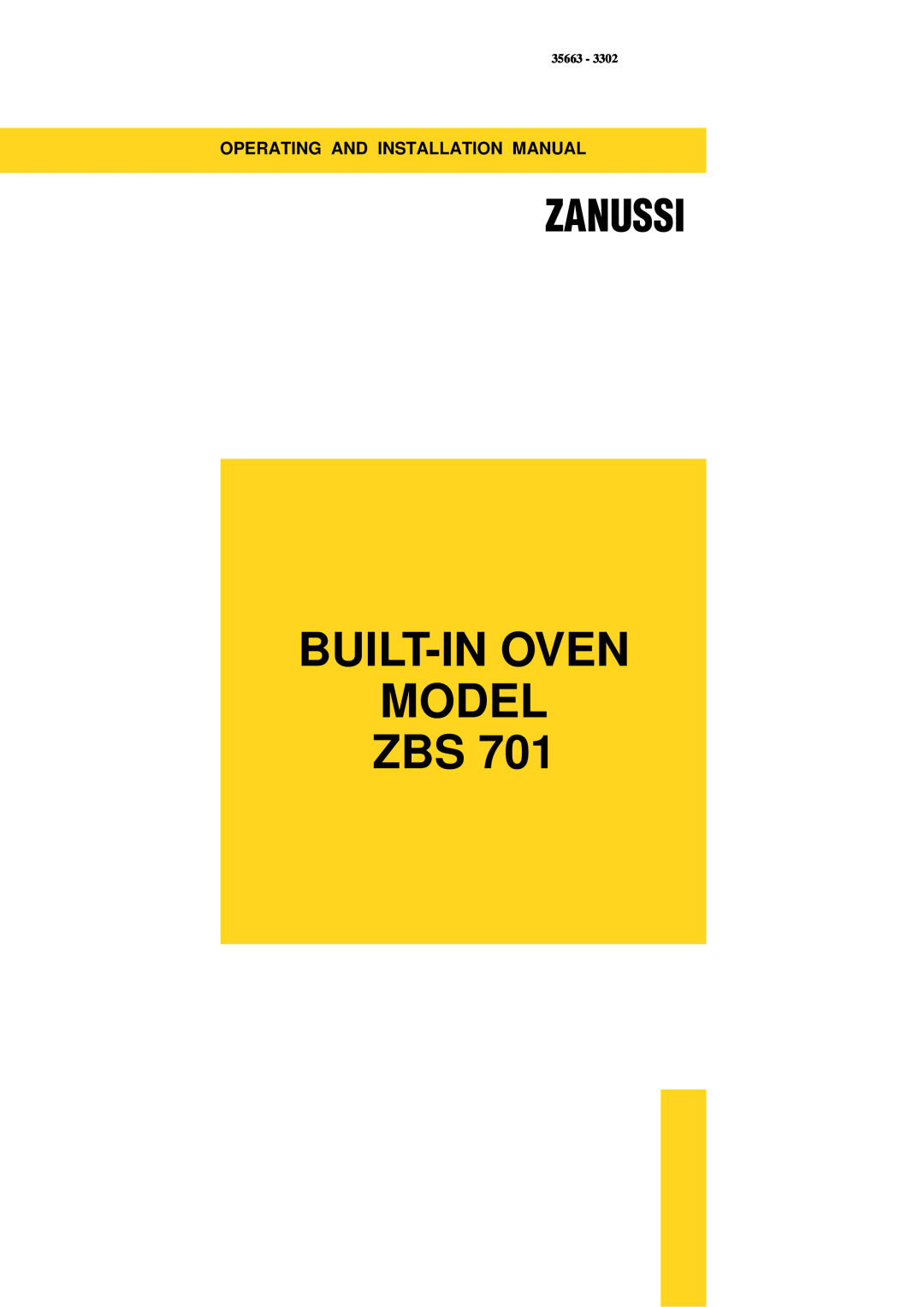 Zanussi ZBS 701 installation manual Built-Inoven Model Zbs, Zanussi, 35663 