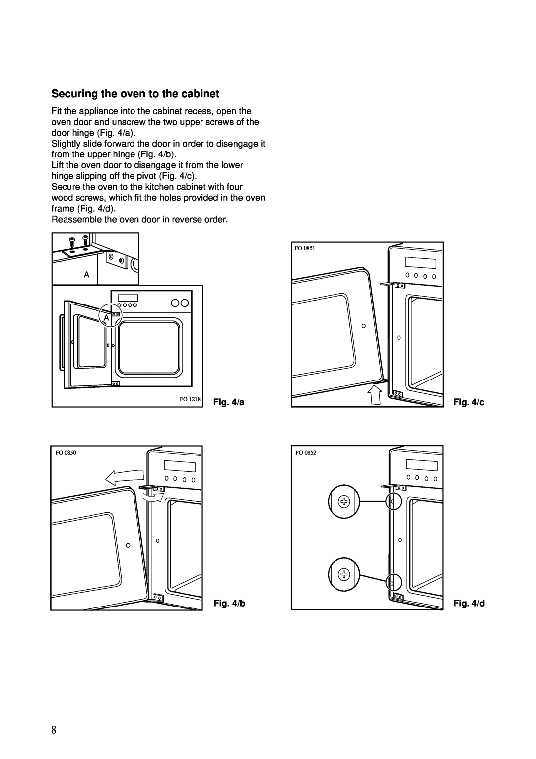 Zanussi ZBS 701 installation manual Securing the oven to the cabinet, d 