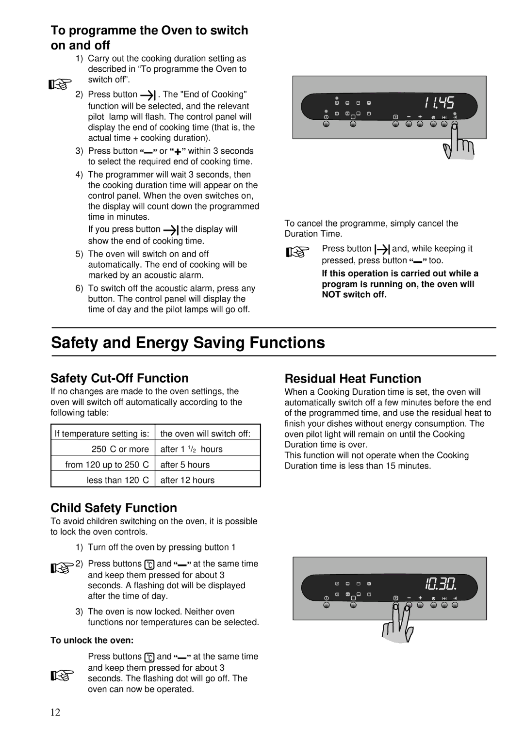 Zanussi ZBS 772 Safety and Energy Saving Functions, To programme the Oven to switch on and off, Safety Cut-Off Function 