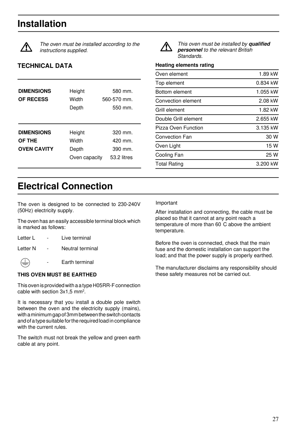 Zanussi ZBS 772 manual Installation, Electrical Connection, Heating elements rating 