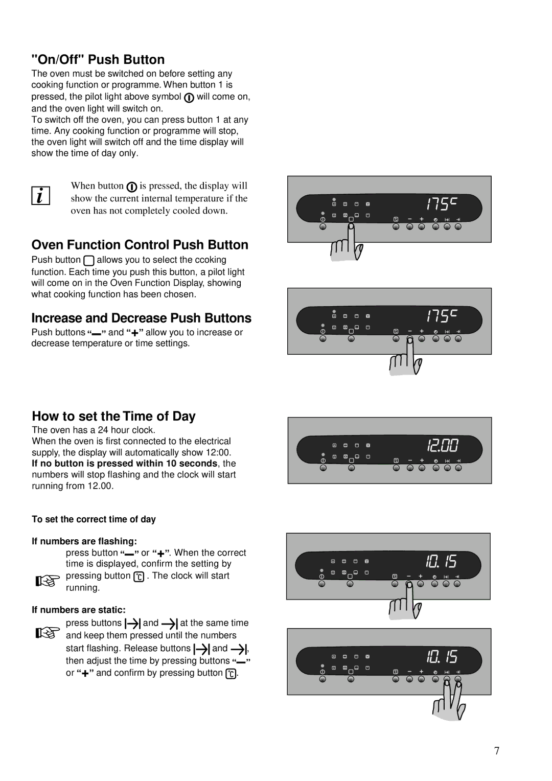 Zanussi ZBS 772 manual On/Off Push Button, Oven Function Control Push Button, Increase and Decrease Push Buttons 