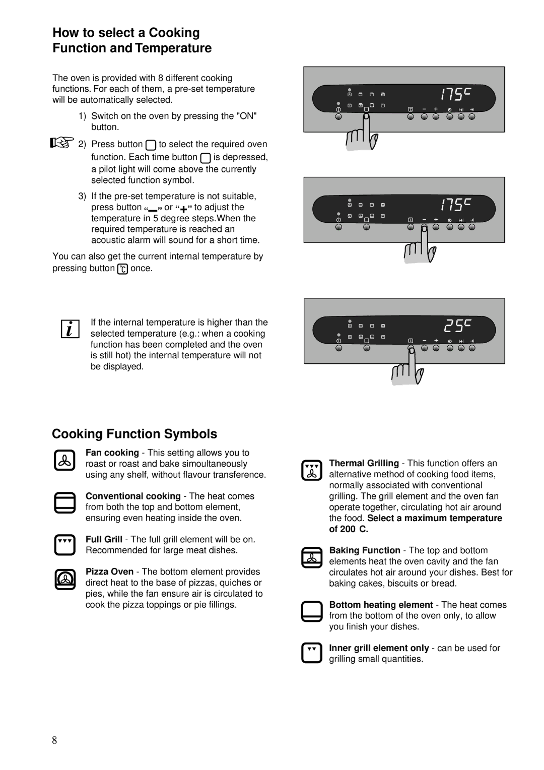 Zanussi ZBS 772 manual How to select a Cooking Function and Temperature, Cooking Function Symbols, 200C 