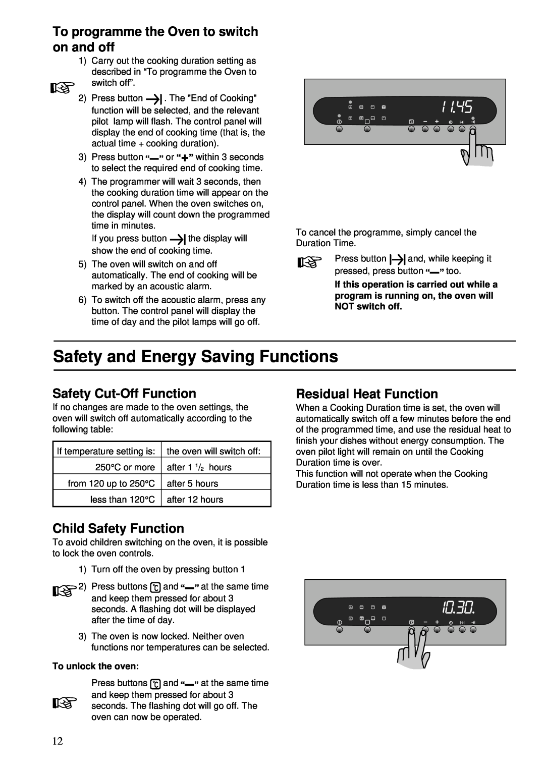 Zanussi ZBS 772 Safety and Energy Saving Functions, To programme the Oven to switch on and off, Safety Cut-Off Function 