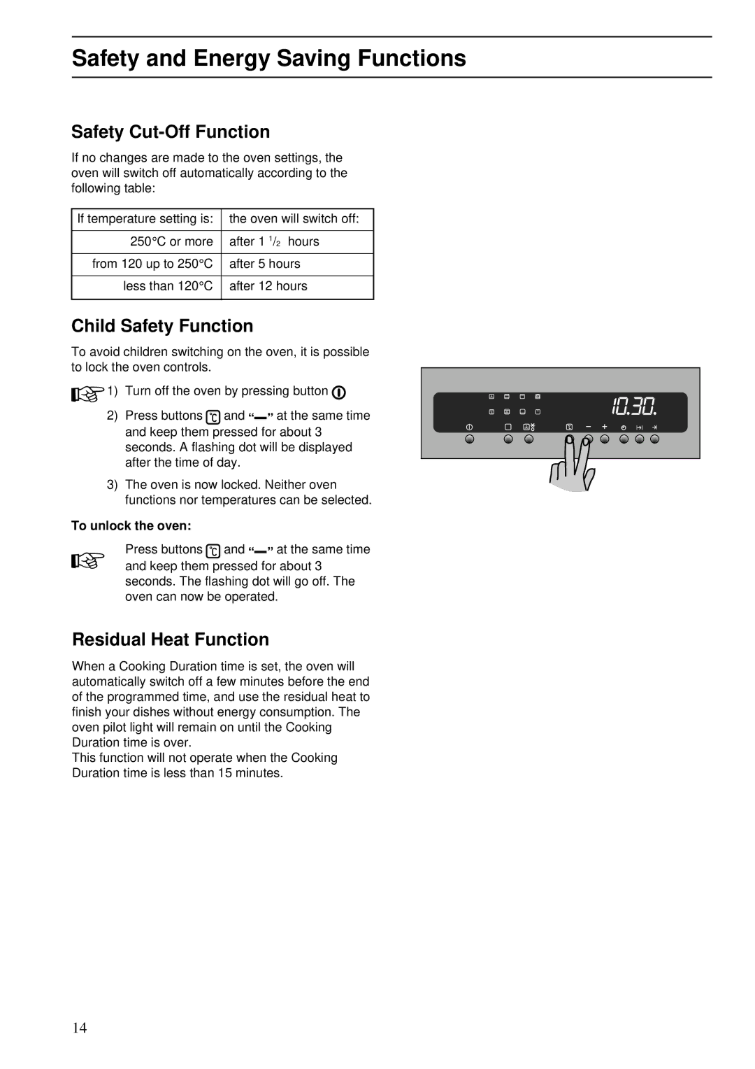 Zanussi ZBS 773 Safety and Energy Saving Functions, Safety Cut-Off Function, Child Safety Function, Residual Heat Function 