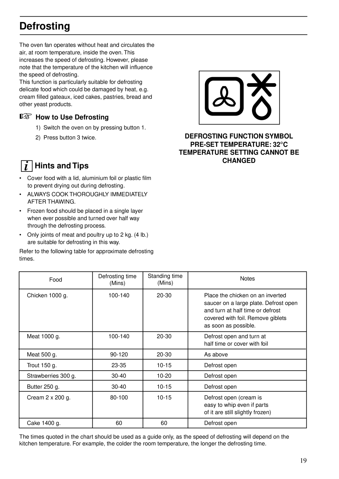 Zanussi ZBS 773 manual How to Use Defrosting, Temperature Setting Cannot be Changed 