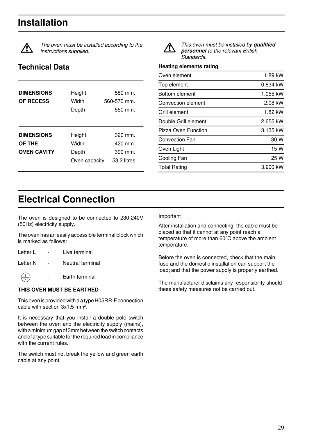 Zanussi ZBS 773 manual Installation, Electrical Connection, Technical Data, Heating elements rating 