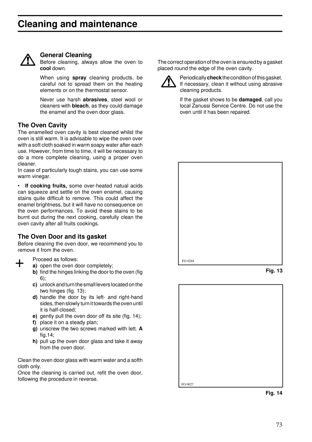 Zanussi ZBS 862 manual Cleaning and maintenance, General Cleaning, Oven Cavity, Oven Door and its gasket 