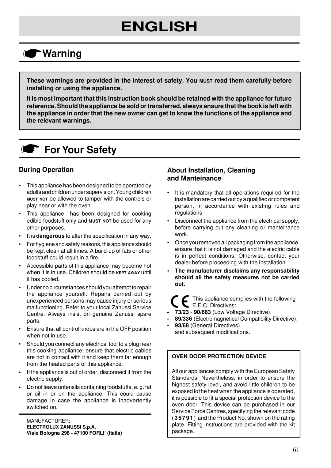 Zanussi ZBS 862 manual For Your Safety, During Operation, About Installation, Cleaning Manteinance 