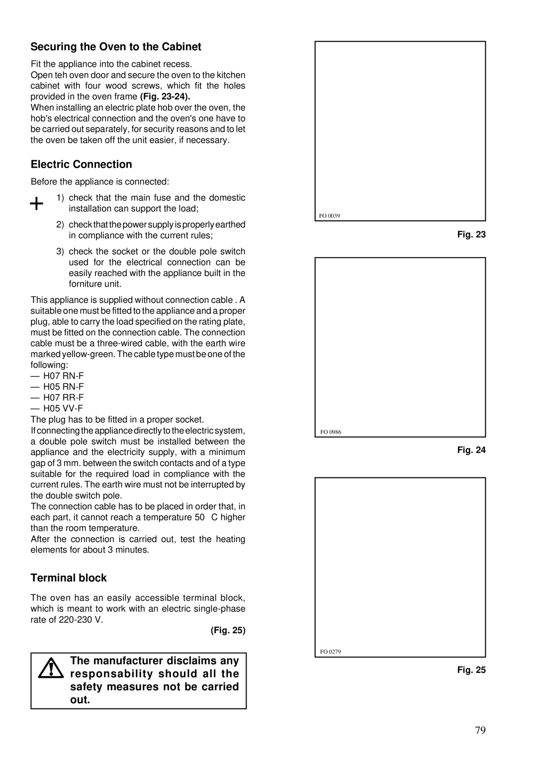 Zanussi ZBS 862 manual Securing the Oven to the Cabinet, Electric Connection, Terminal block 