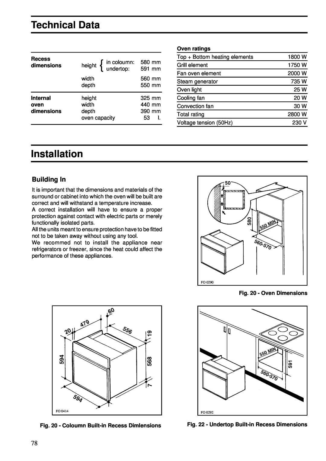 Zanussi ZBS 862 manual Technical Data, Installation, Building In, Recess, dimensions, Internal, oven, Oven ratings 
