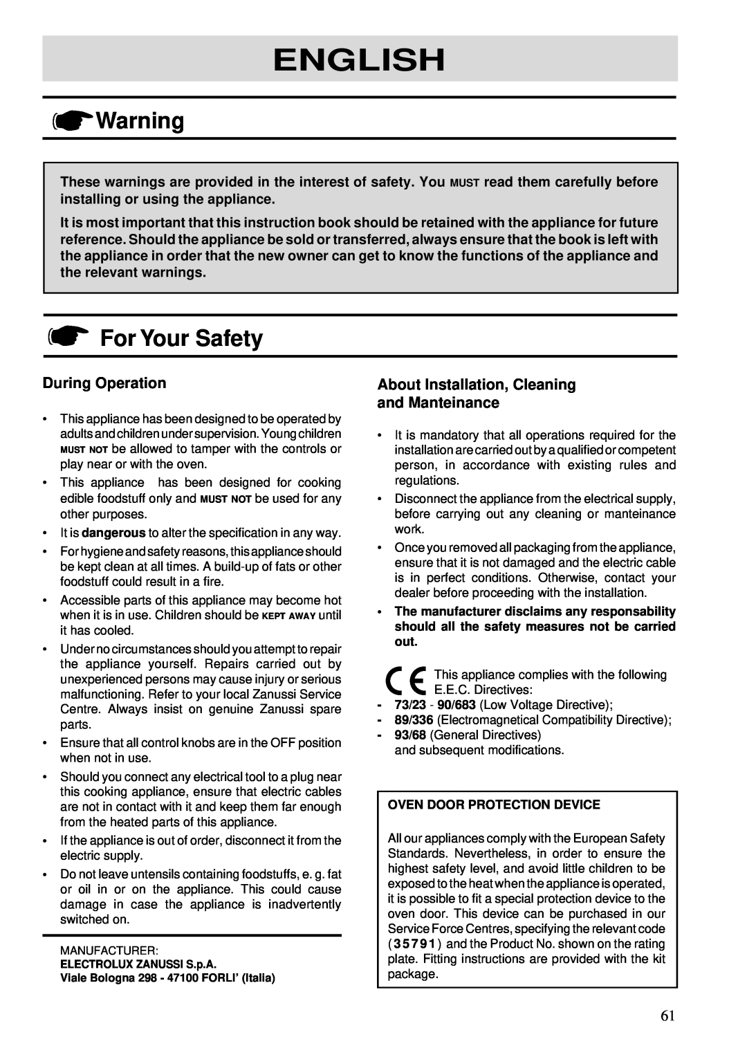 Zanussi ZBS 862 manual For Your Safety, During Operation, About Installation, Cleaning and Manteinance, English 