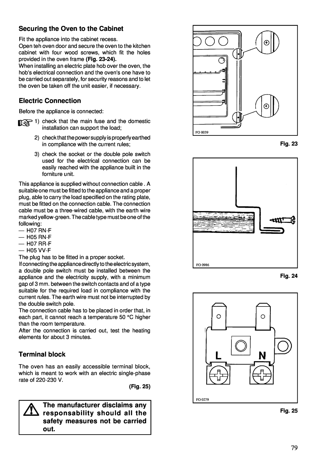 Zanussi ZBS 862 manual Securing the Oven to the Cabinet, Electric Connection, Terminal block 