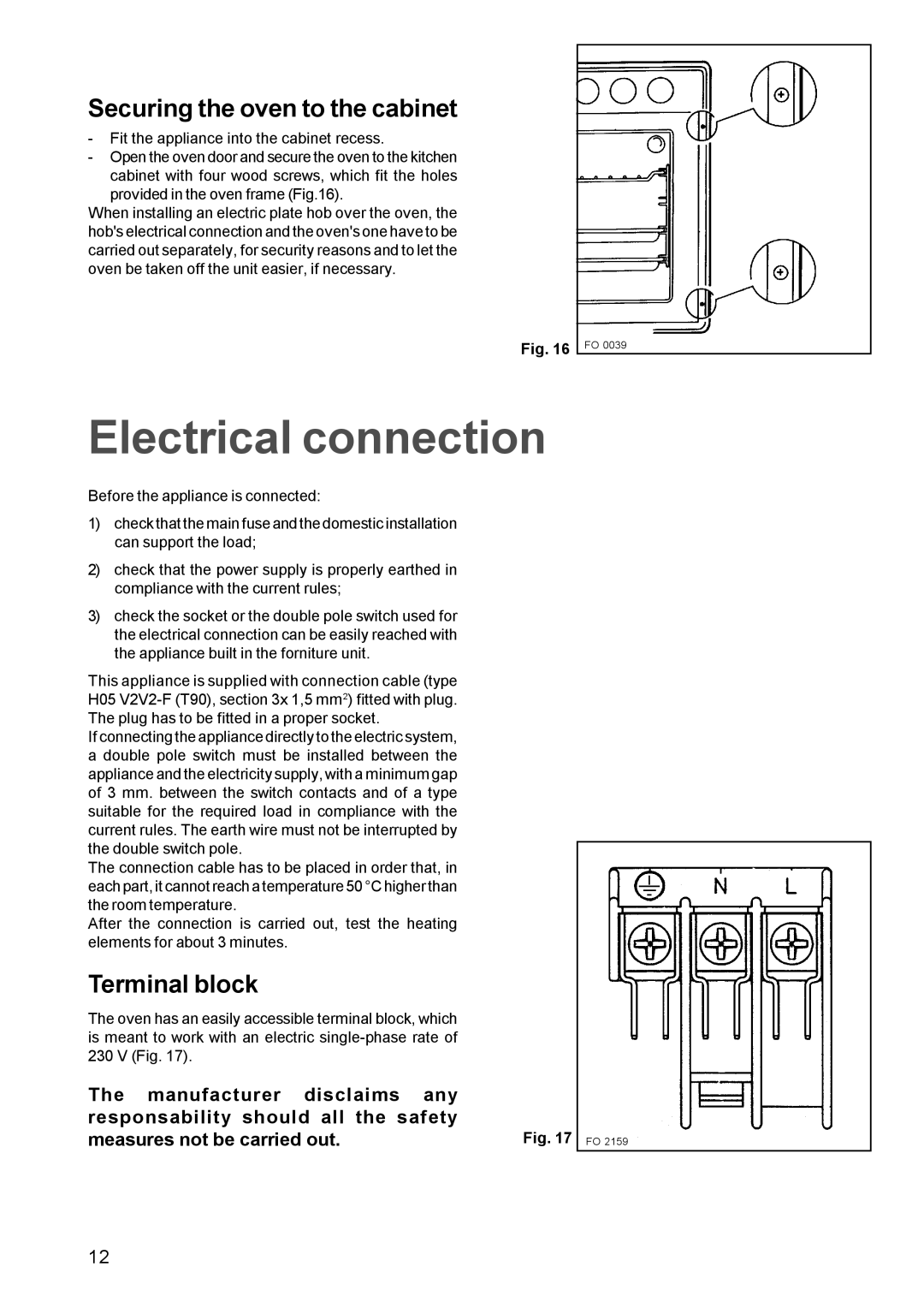 Zanussi ZBS 869, ZBF 859 manual Electrical connection, Securing the oven to the cabinet, Terminal block 