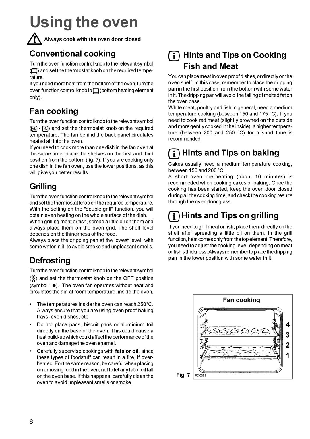 Zanussi ZBS 869, ZBF 859 Conventional cooking, Fan cooking, Grilling, Defrosting, Hints and Tips on Cooking Fish and Meat 