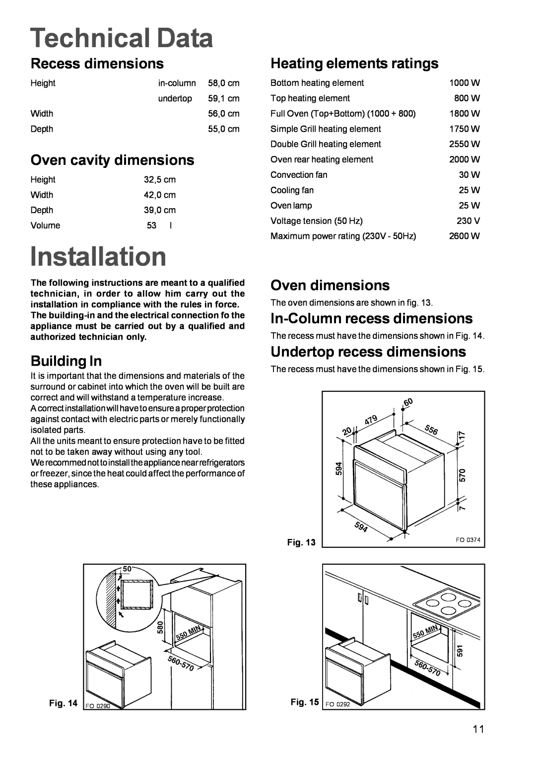 Zanussi ZBF 859 Technical Data, Installation, Recess dimensions, Oven cavity dimensions, Building In, Oven dimensions 