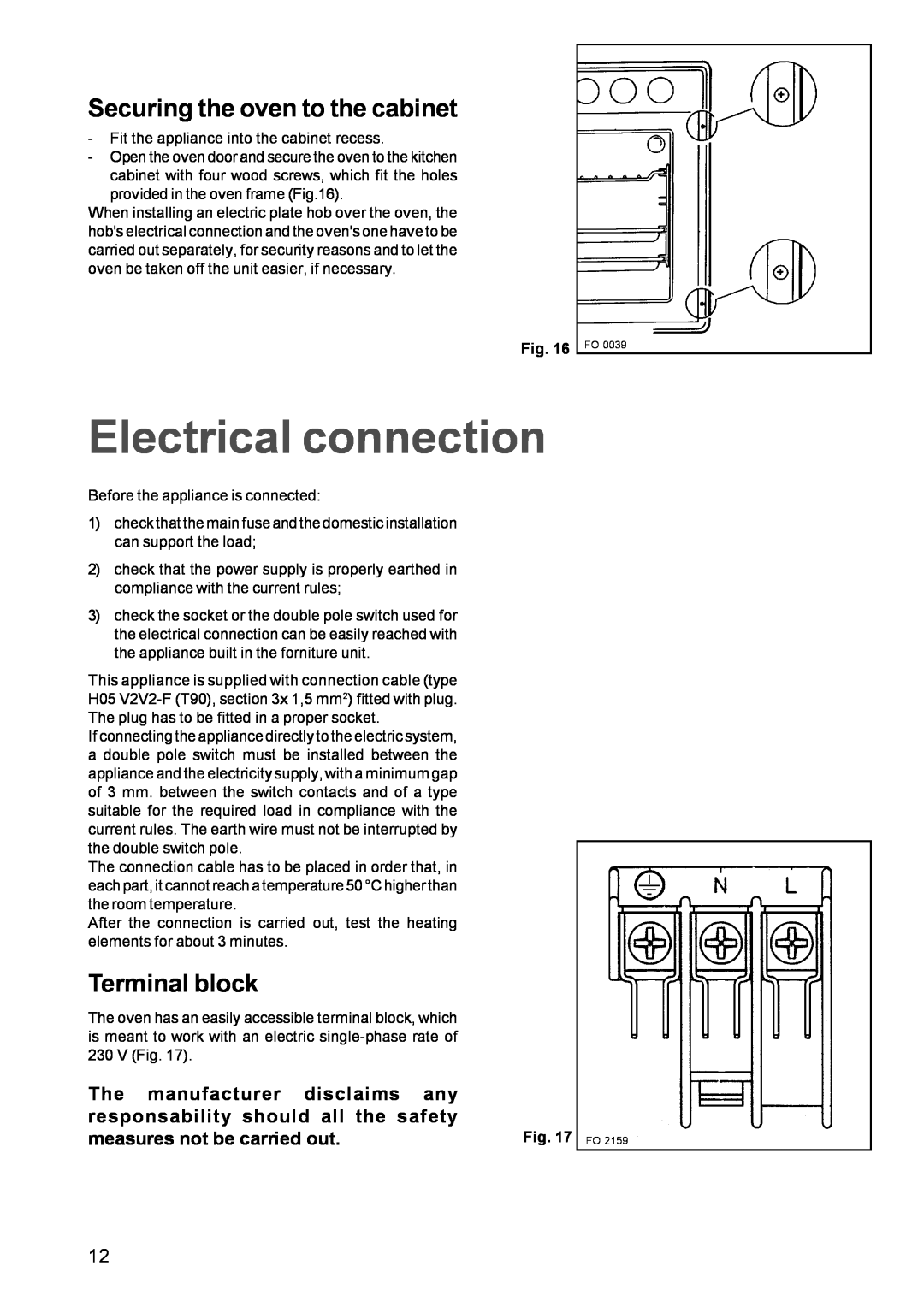 Zanussi ZBS 869 manual Electrical connection, Securing the oven to the cabinet, Terminal block, The manufacturer disclaims 
