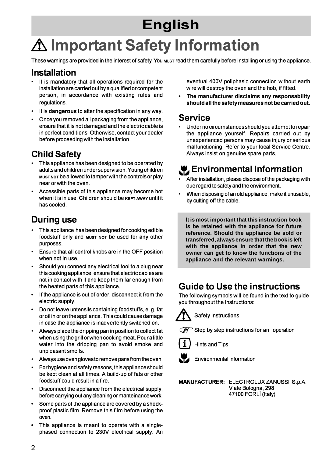 Zanussi ZBS 869 Installation, Child Safety, During use, Service, Environmental Information, Guide to Use the instructions 