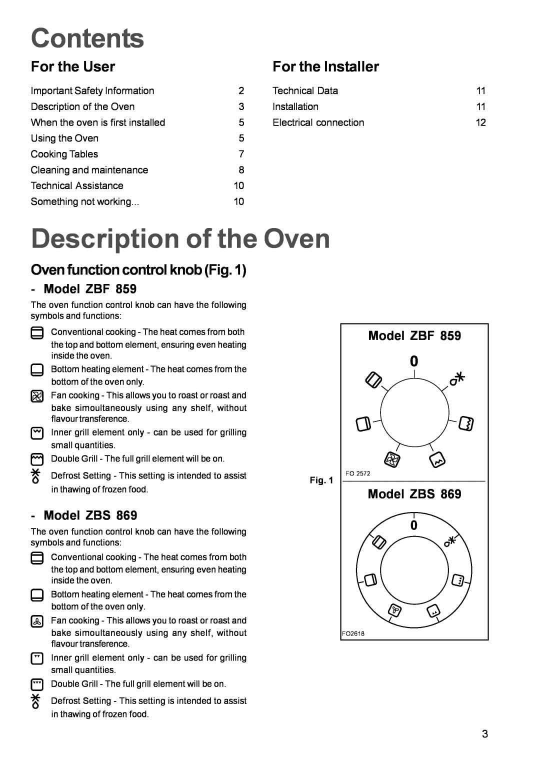 Zanussi ZBF 859 manual Contents, Description of the Oven, For the User, For the Installer, Oven function control knob Fig 