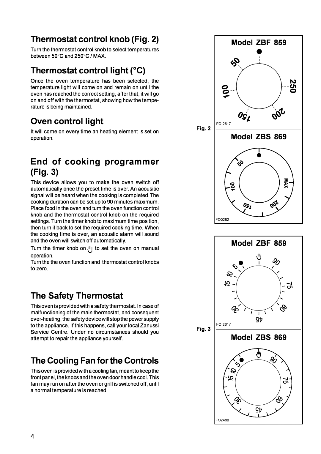 Zanussi ZBS 869 Thermostat control knob Fig, Thermostat control light C, Oven control light, End of cooking programmer Fig 