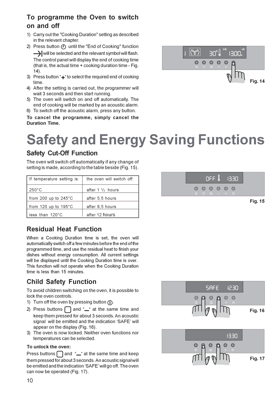 Zanussi ZBS 963 Safety and Energy Saving Functions, To programme the Oven to switch on and off, Safety Cut-Off Function 