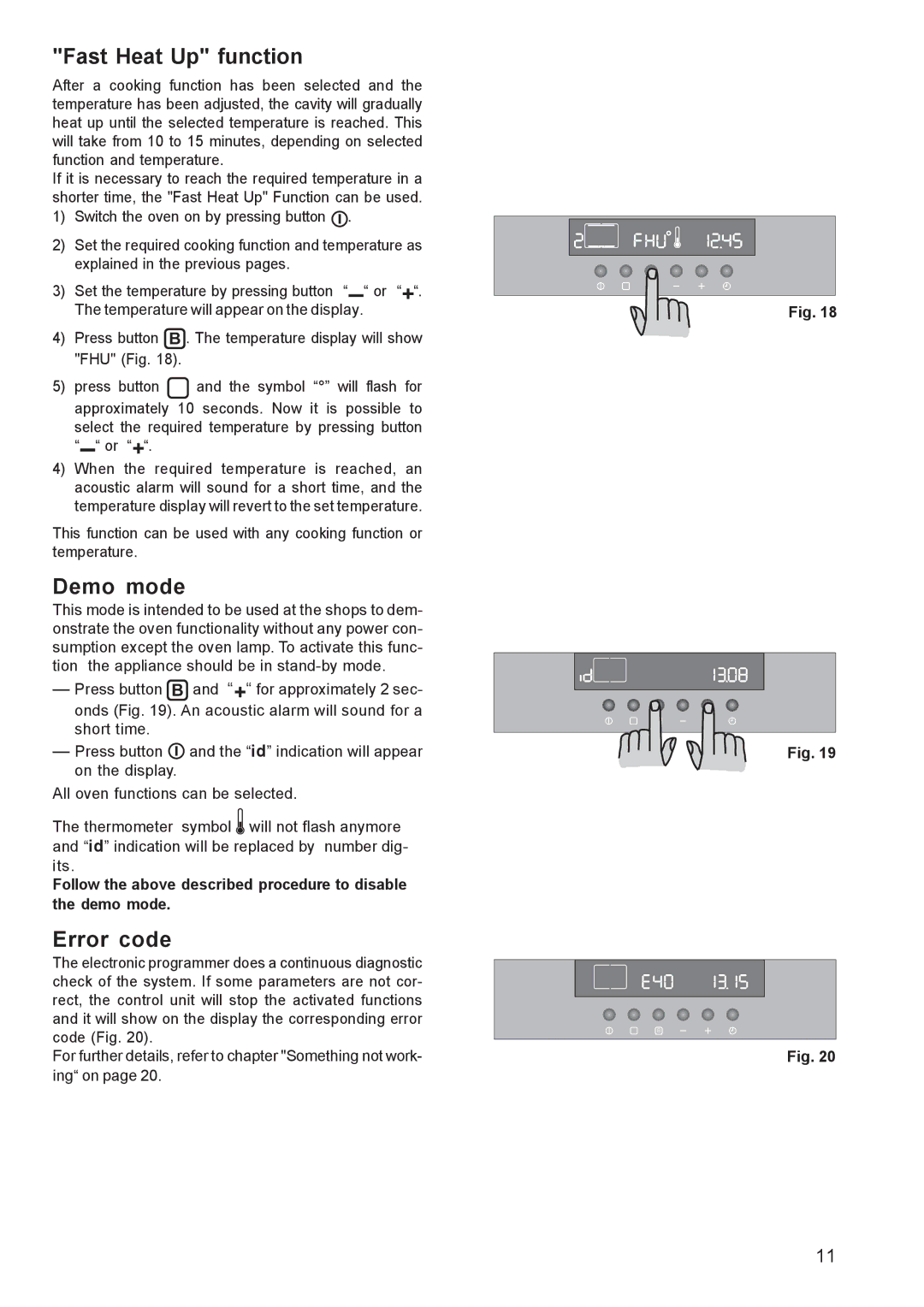 Zanussi ZBS 963 manual Fast Heat Up function, Demo mode, Error code 