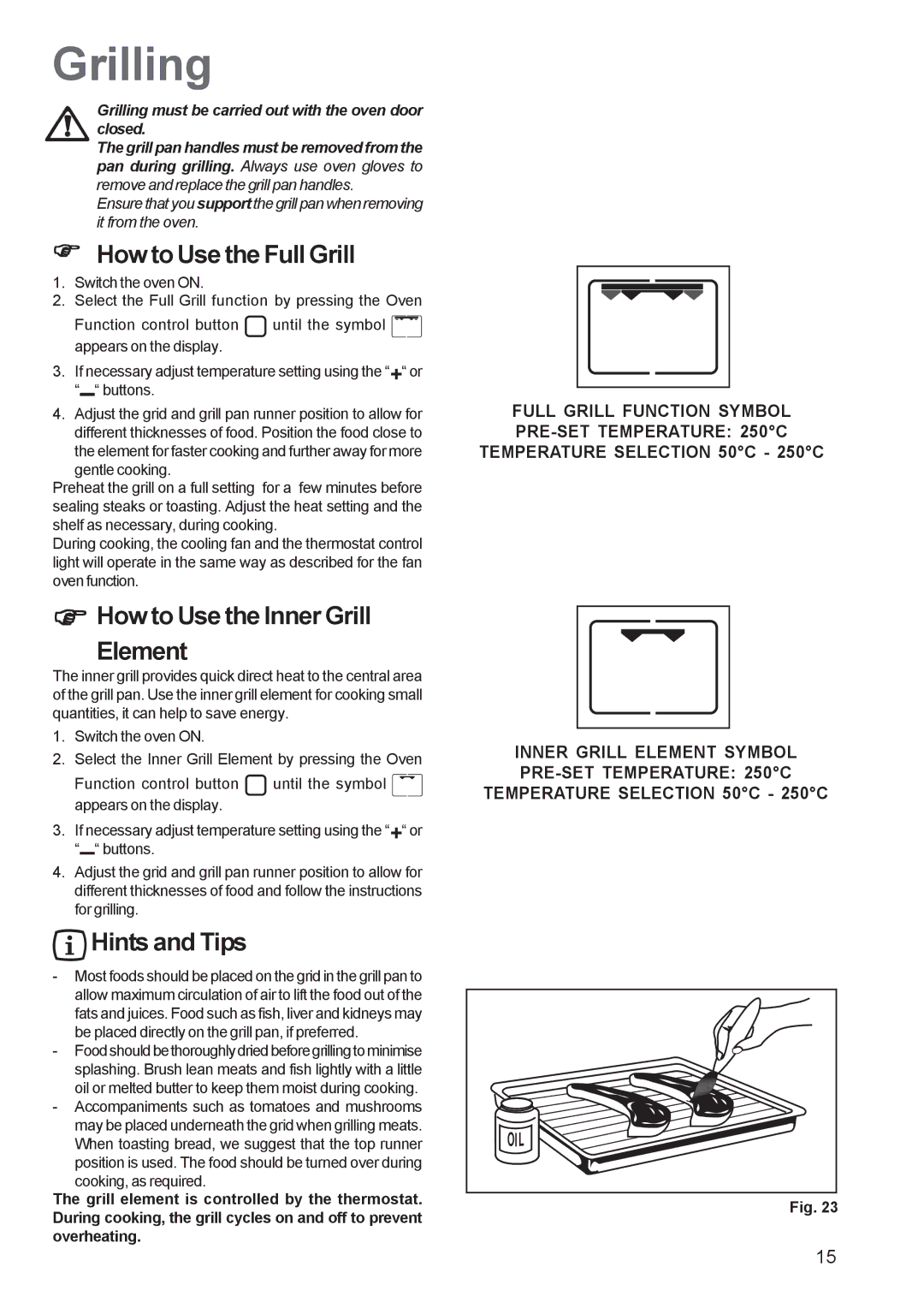 Zanussi ZBS 963 manual Grilling, How to Use the Full Grill, How to Use the Inner Grill Element 