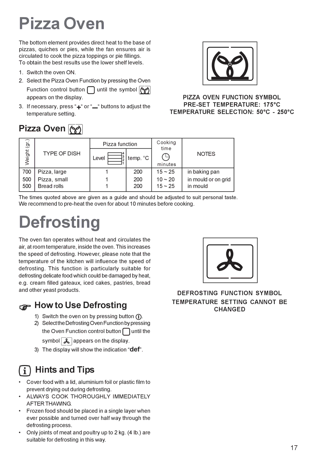 Zanussi ZBS 963 manual Pizza Oven, How to Use Defrosting 