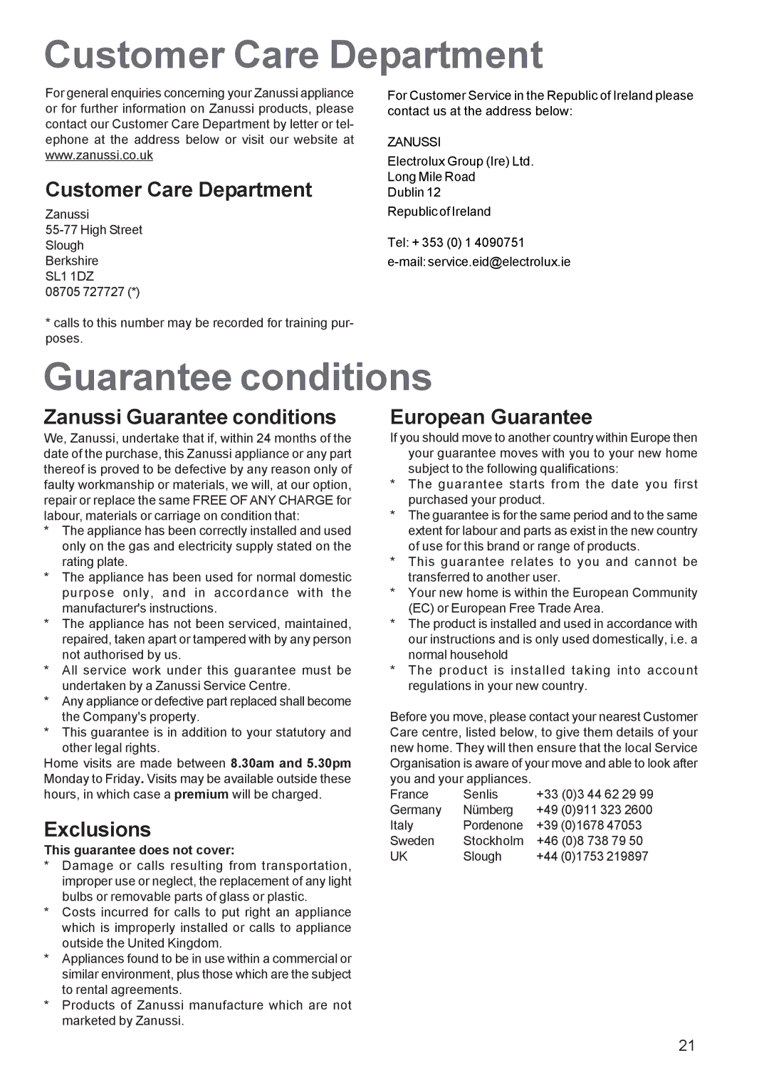 Zanussi ZBS 963 manual Customer Care Department, Guarantee conditions 