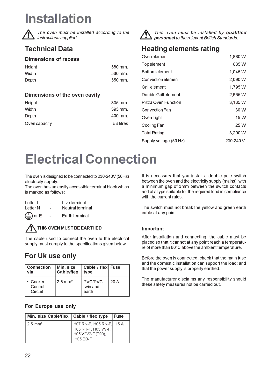 Zanussi ZBS 963 manual Installation, Electrical Connection, For Uk use only, Min. size Cable/flex Cable / flex type Fuse 