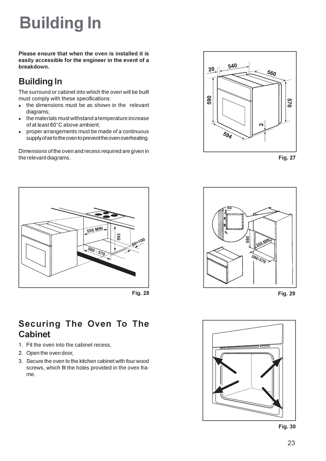 Zanussi ZBS 963 manual Building, Securing The Oven To The Cabinet, 570 