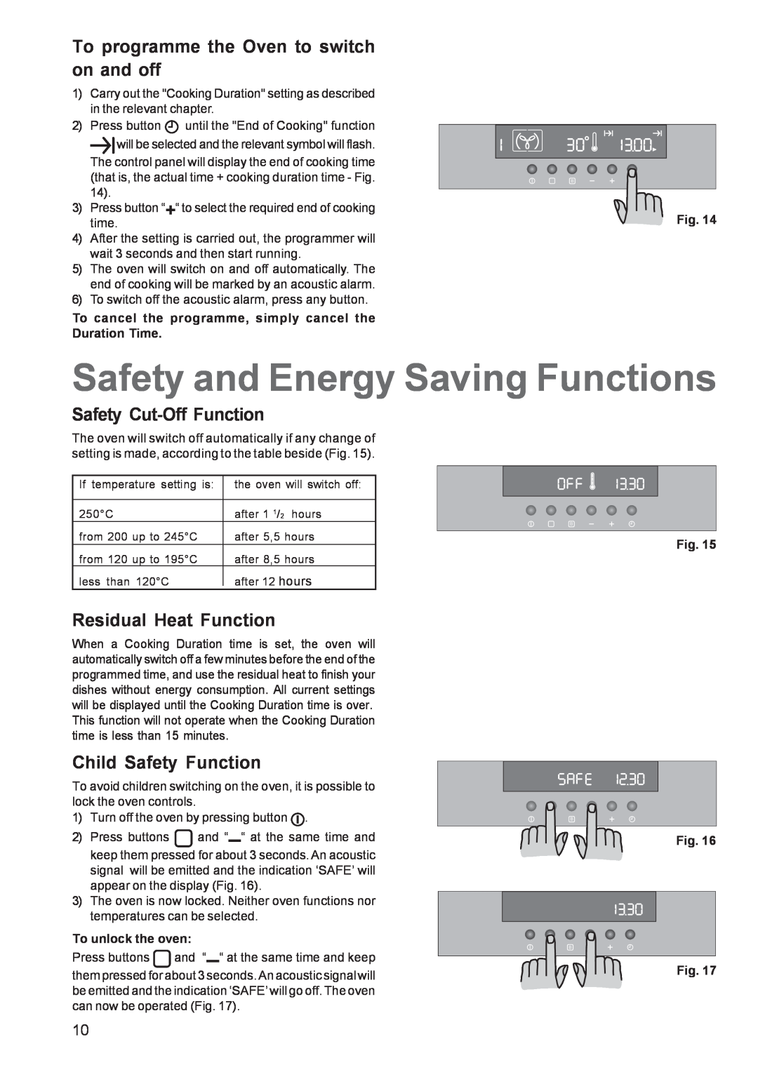 Zanussi ZBS 963 Safety and Energy Saving Functions, To programme the Oven to switch on and off, Safety Cut-Off Function 