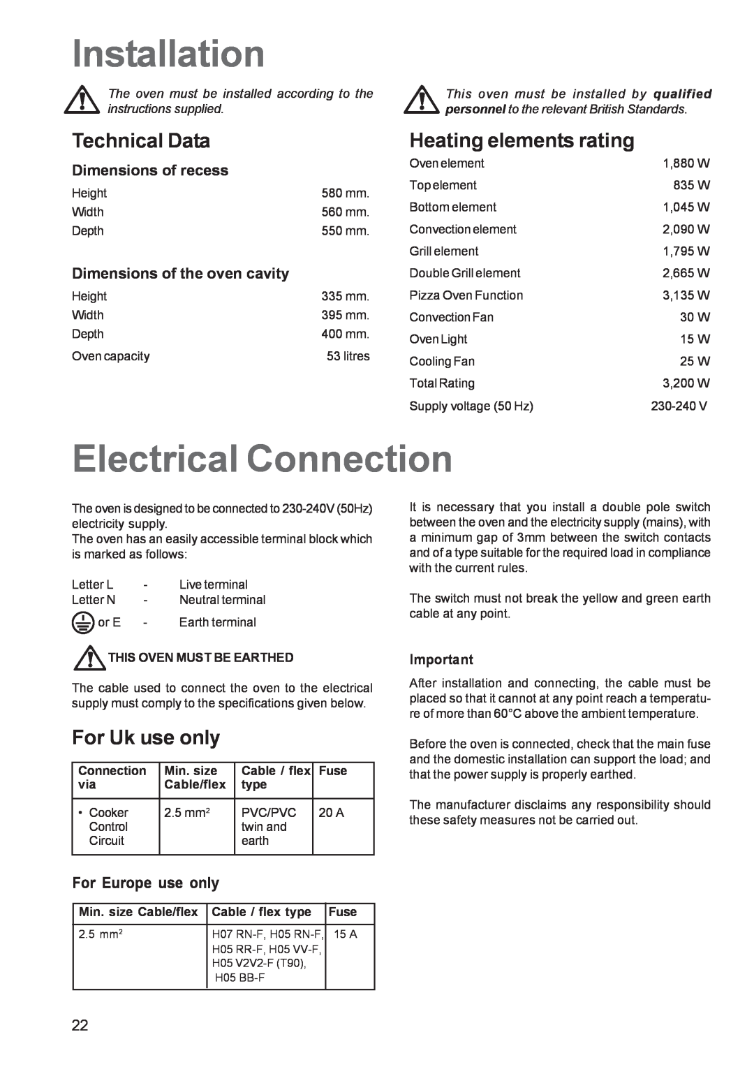 Zanussi ZBS 963 Installation, Electrical Connection, For Uk use only, For Europe use only, Technical Data, Min. size, Fuse 