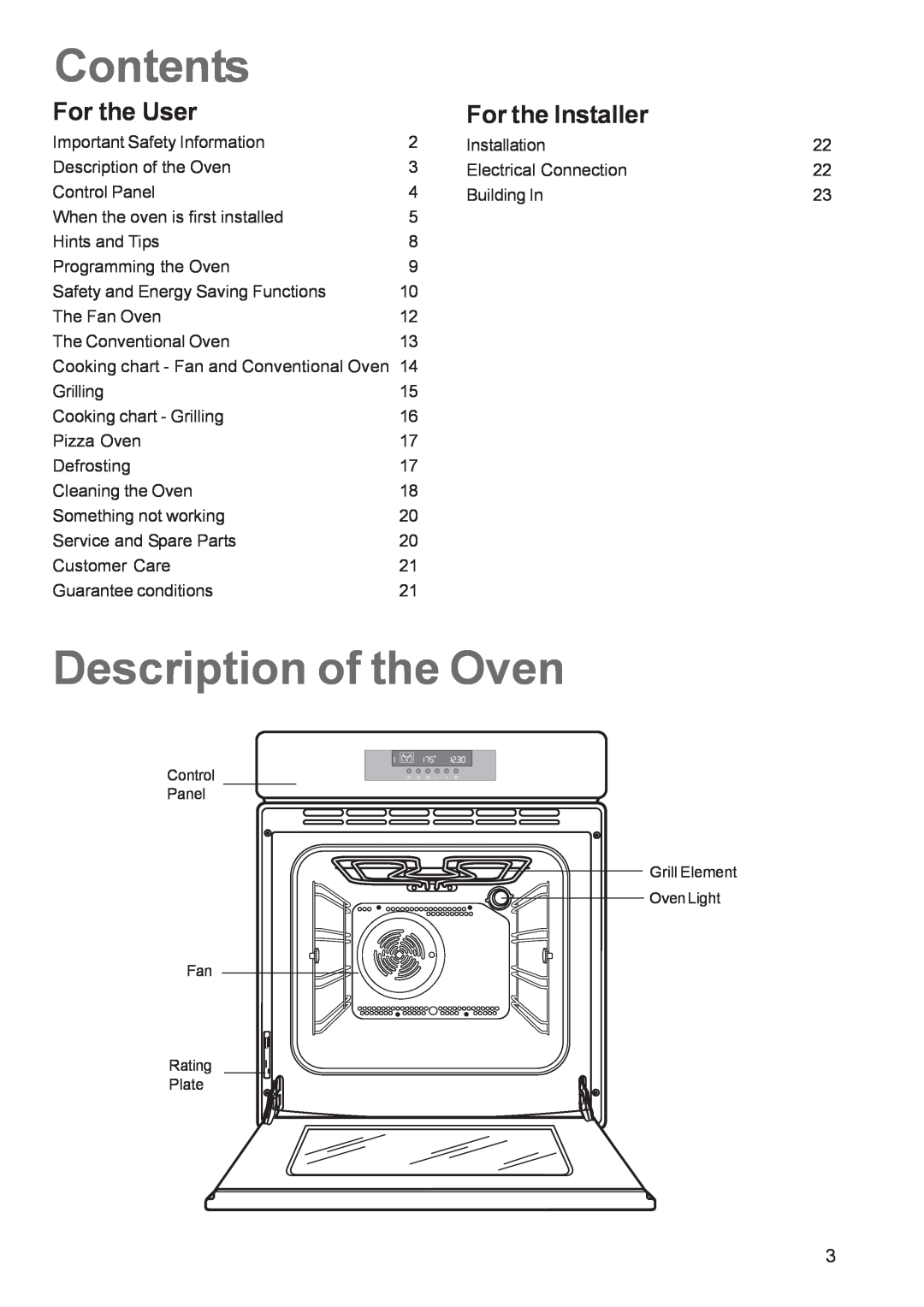 Zanussi ZBS 963 manual Contents, Description of the Oven, For the User, For the Installer 