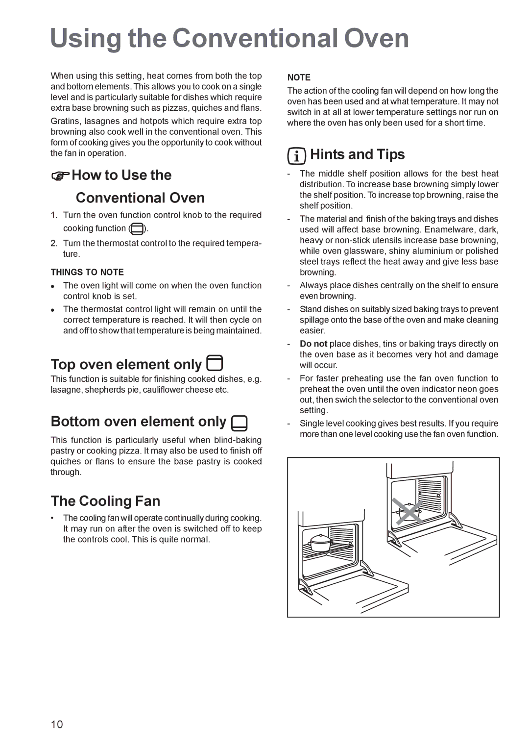 Zanussi ZBS863 manual Using the Conventional Oven, How to Use the Conventional Oven, Top oven element only, Hints and Tips 