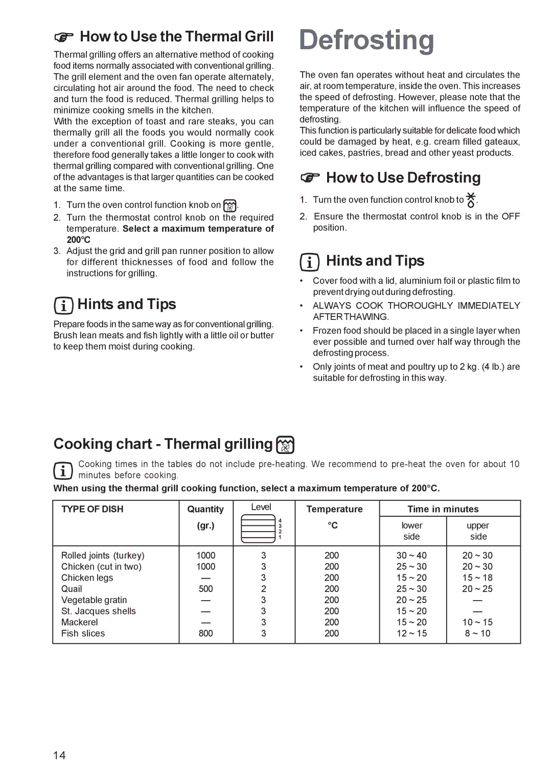 Zanussi ZBS863 manual How to Use the Thermal Grill, How to Use Defrosting, Cooking chart Thermal grilling 