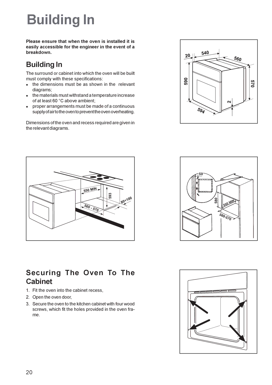 Zanussi ZBS863 manual Building, Securing The Oven To The Cabinet, 570 