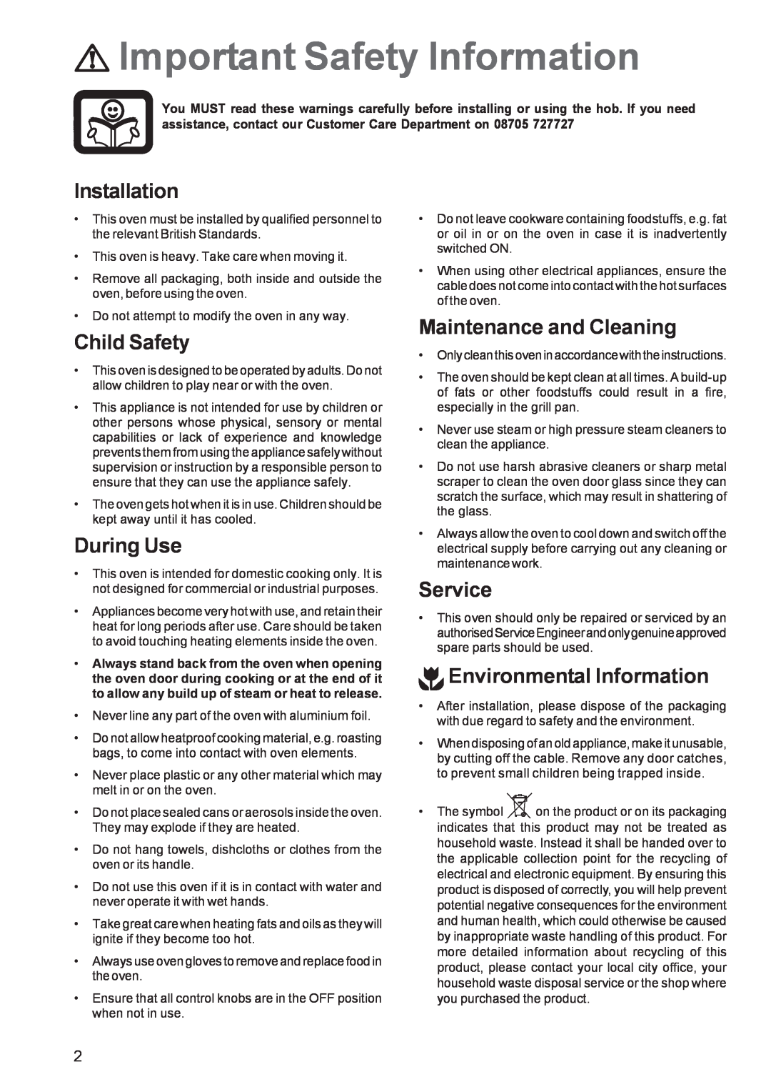 Zanussi ZBS863 Important Safety Information, Installation, Child Safety, During Use, Maintenance and Cleaning, Service 