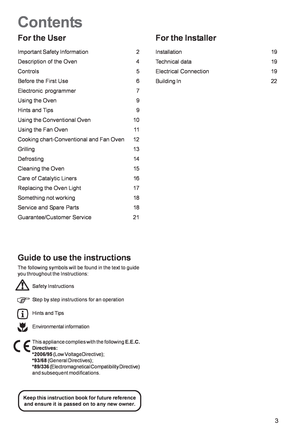 Zanussi ZBS863 manual Contents, For the User, For the Installer, Guide to use the instructions 
