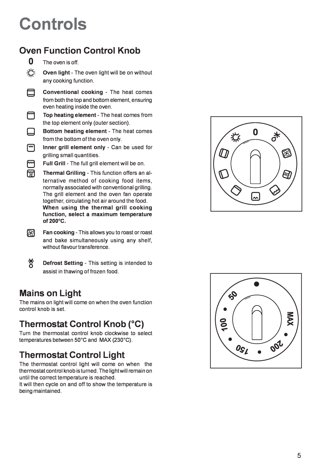 Zanussi ZBS863 Controls, Oven Function Control Knob, Mains on Light, Thermostat Control Knob C, Thermostat Control Light 