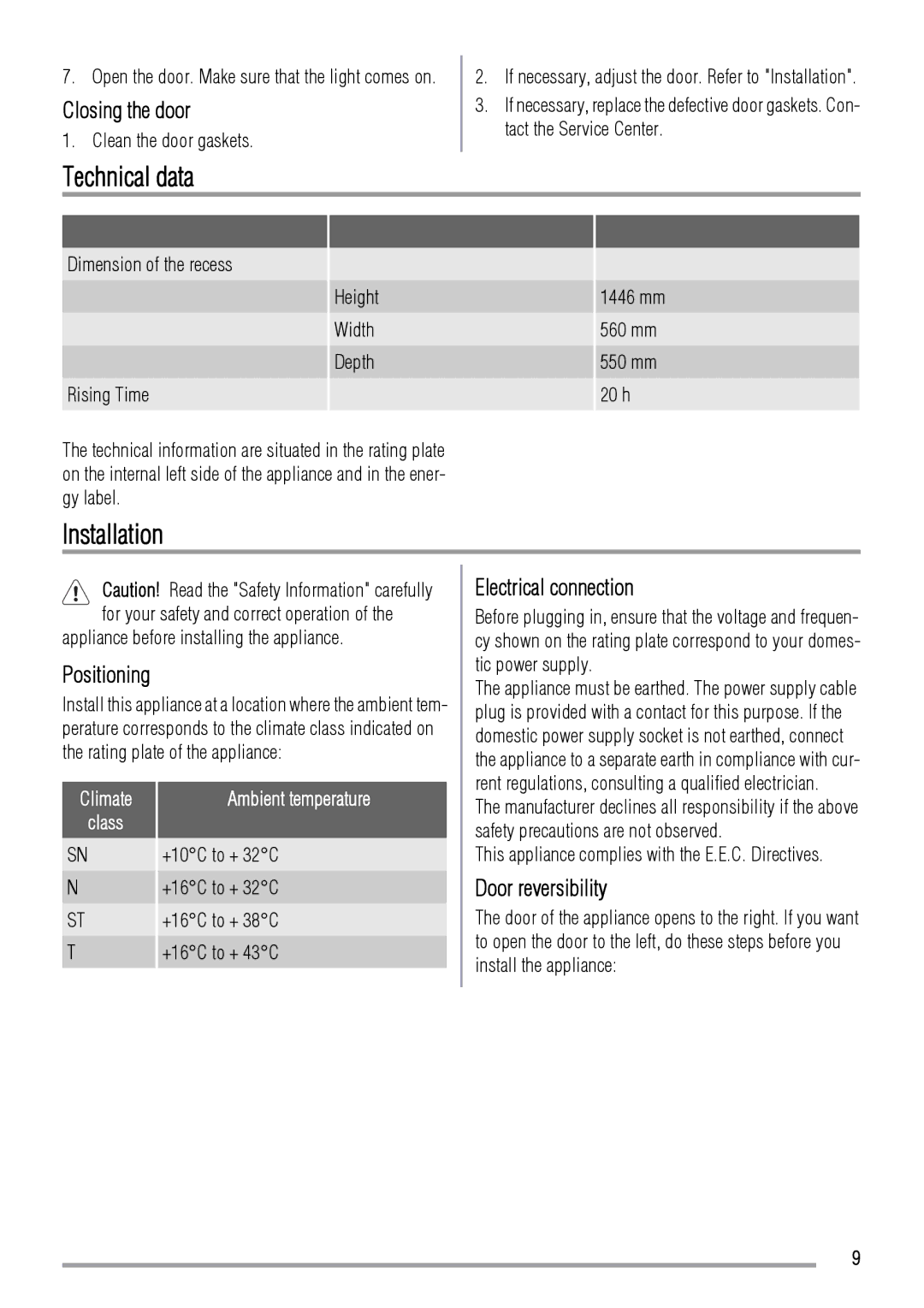 Zanussi ZBT6234 user manual Technical data, Installation 