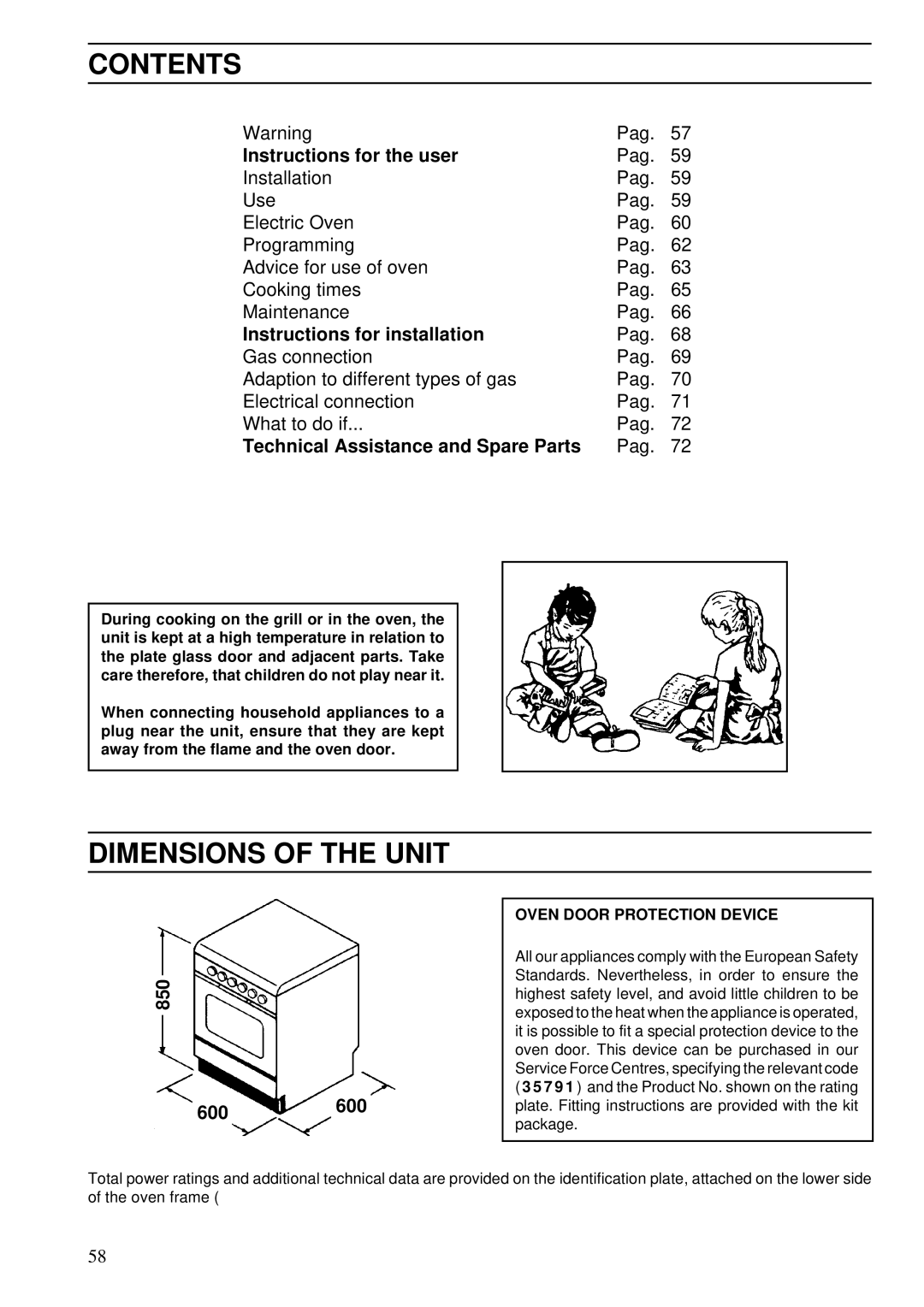 Zanussi ZC 605 M manual Contents, Dimensions of the Unit 