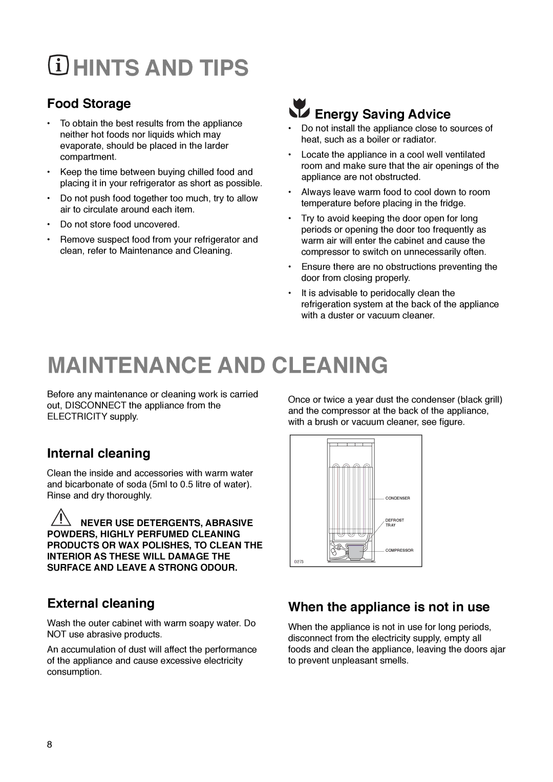 Zanussi ZC 85 L manual Hints and Tips, Maintenance and Cleaning 